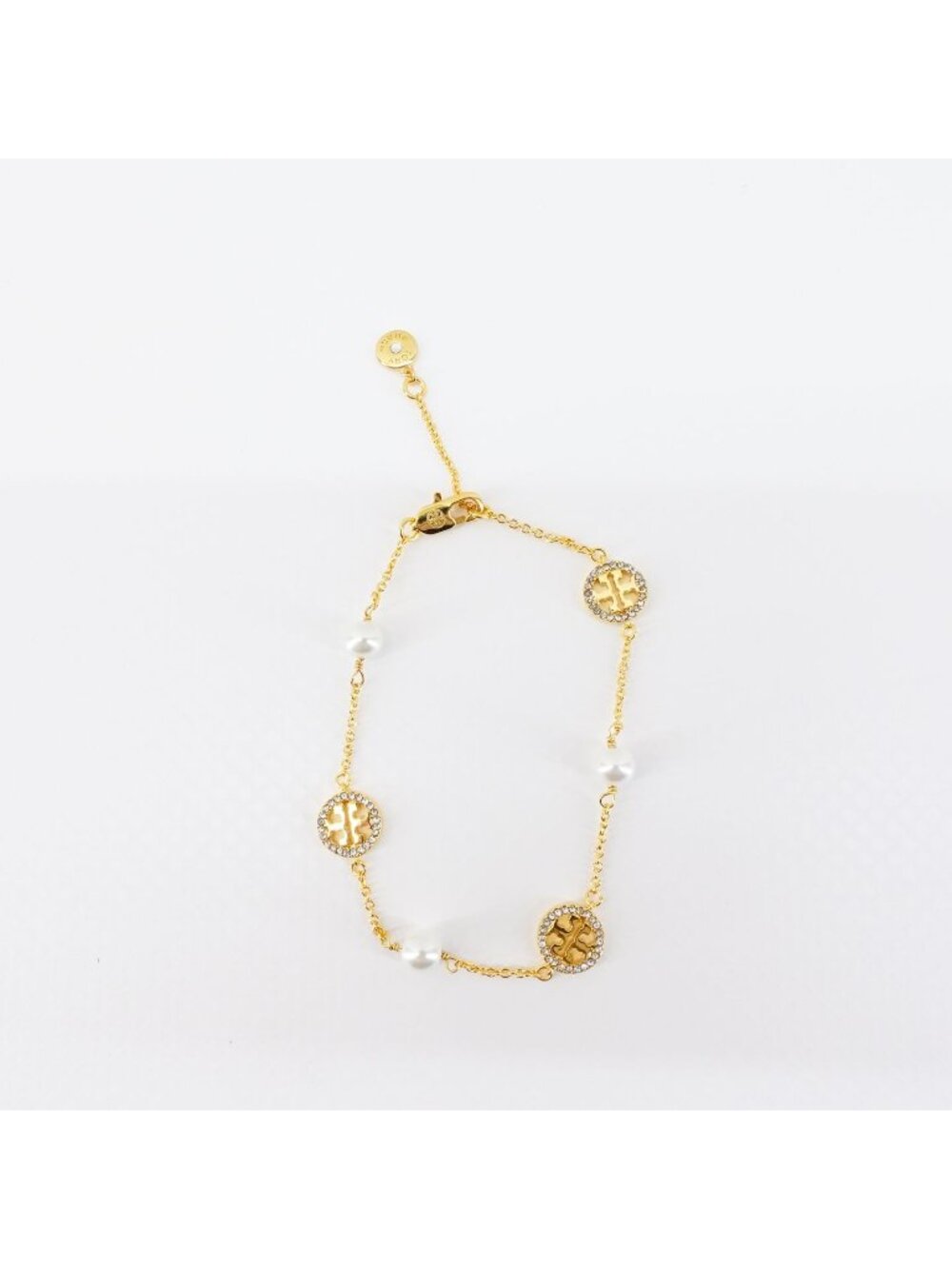 Tory Burch Crystal Logo & Imitation Pearl Station Bracelet Ivory/Tory Gold OS